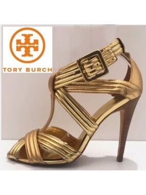 Tory Burch Gold Strappy Heels Sander Sandals Size 6.5